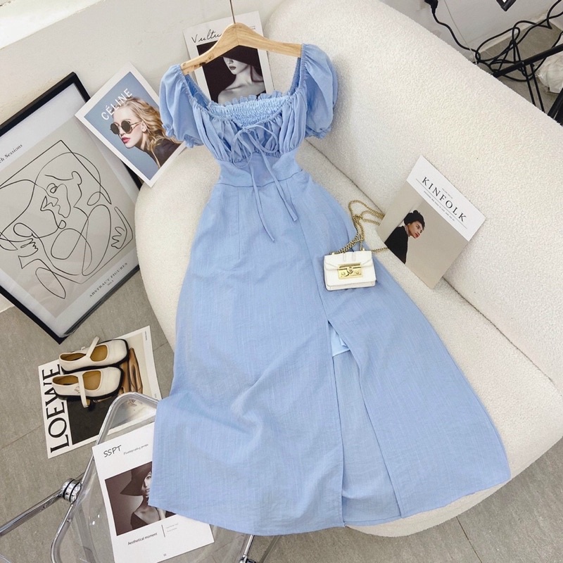 đầm midi xẻ đùi rút ngực bo thun lưng cut out siêu xinh,váy nữ dài hở vai sexy đi chơi đi tiệc đi biển bao xinh