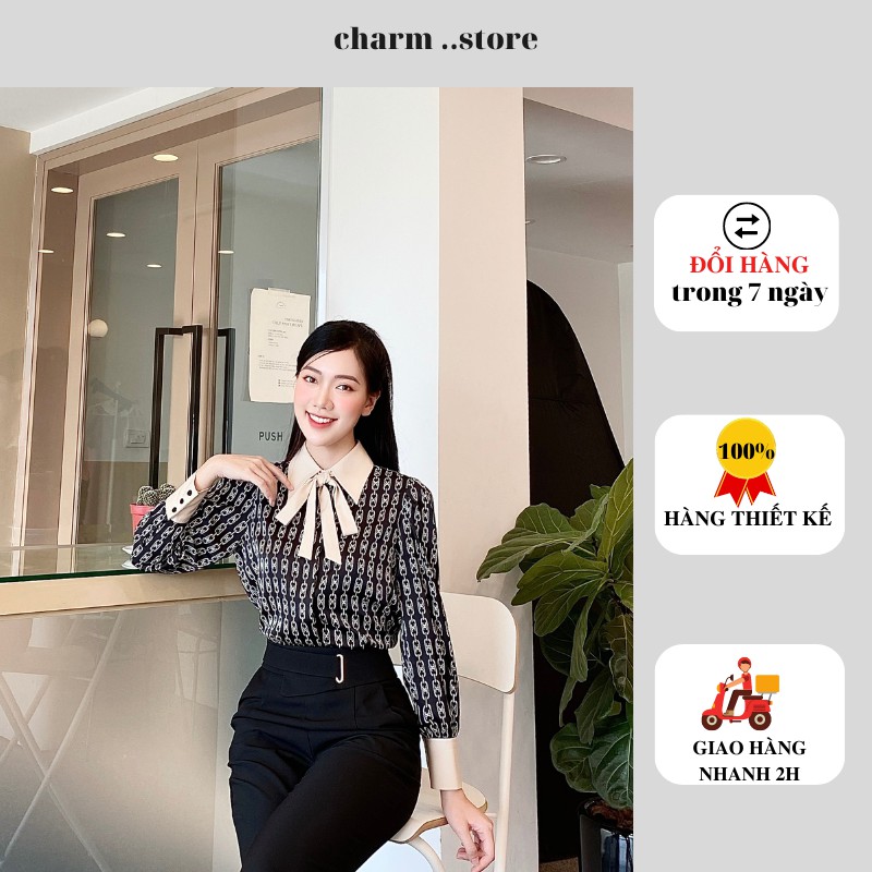 Áo sơ mi phối họa tiết cổ đức công sở lụa mềm A301