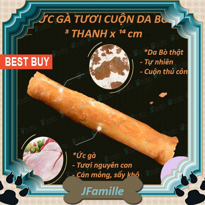 Xương Gặm JFamille, Gà Cuộn Da Bò Kích Thước 14cm, Chống Hôi Miệng, Sạch Mảng Bám.