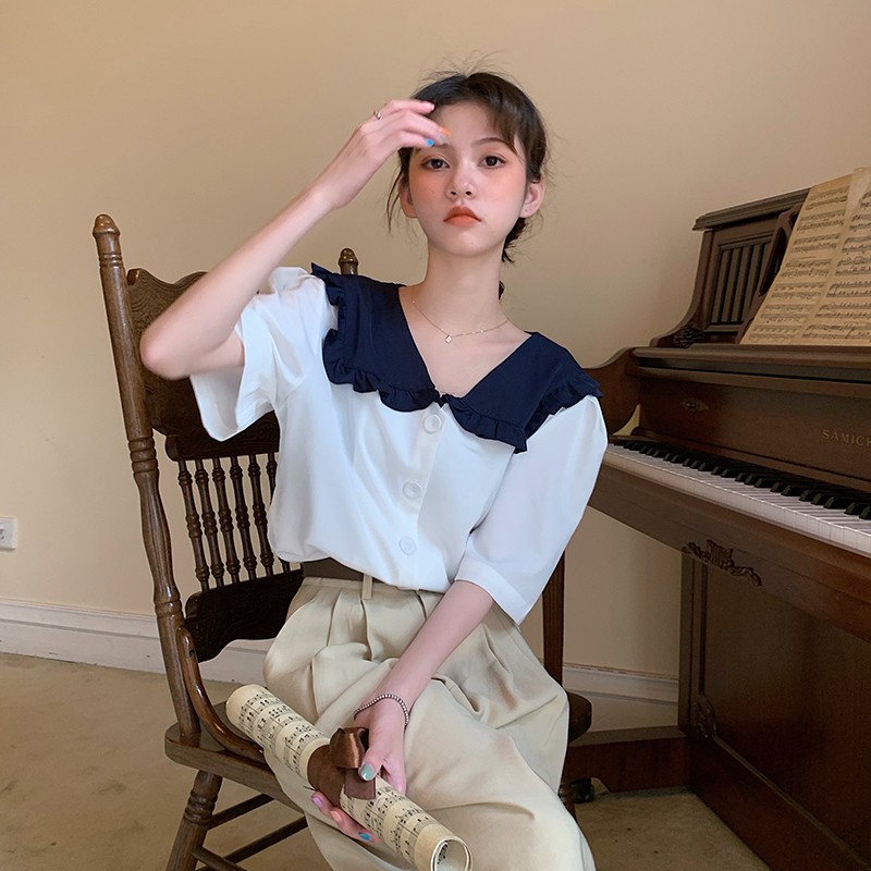 Áo kiểu tay ngắn cổ chữ V phong cách thanh lịch cho nữ 34249