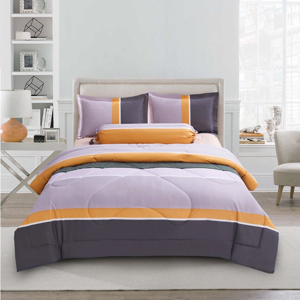 Bộ drap, áo gối NIN Calisto màu khoai môn sọc vàng xanh đậm - CT220013