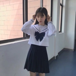 [Order] YAS0226-Set seifuku áo trắng váy xanh đen