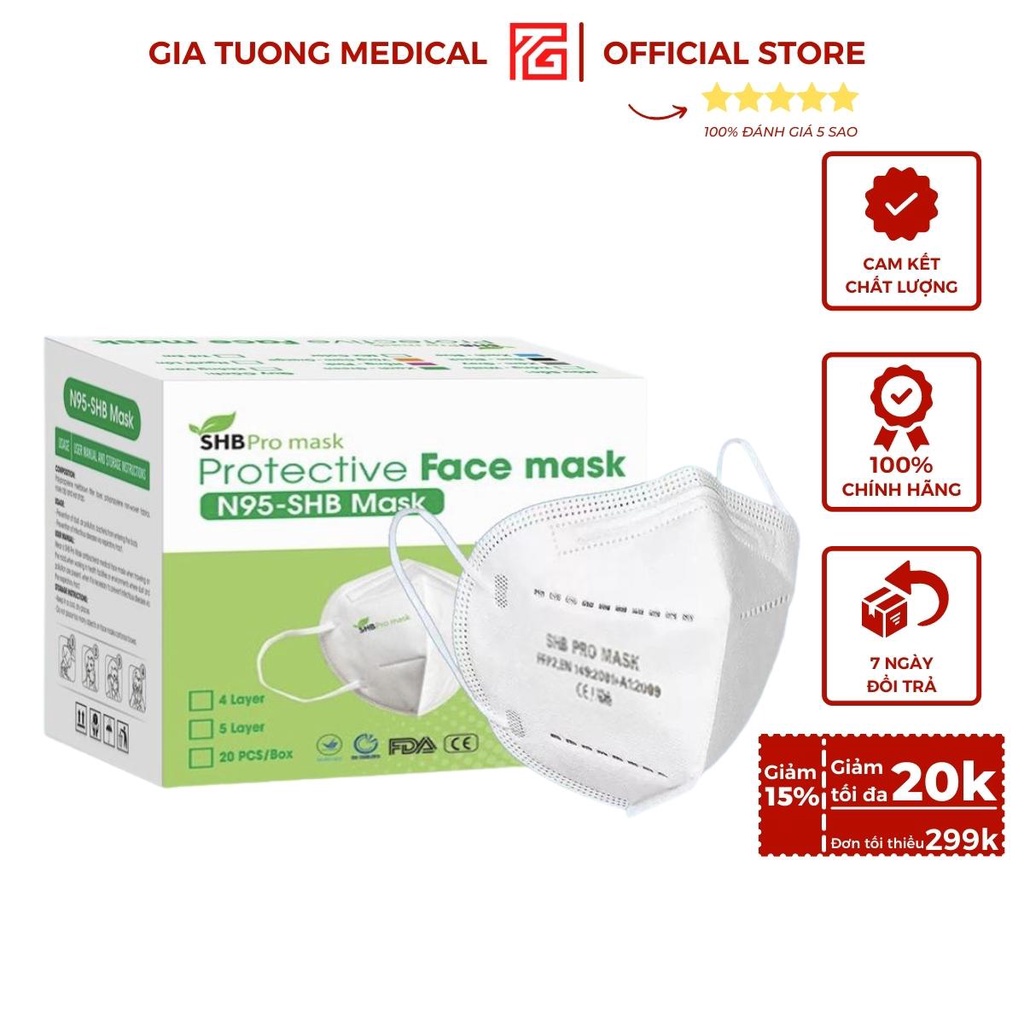 Khẩu trang N95 SHB Pro mask, Người lớn, Trẻ em, Không Van, 5 lớp, chống bụi mịn, đầy đủ giấy tờ