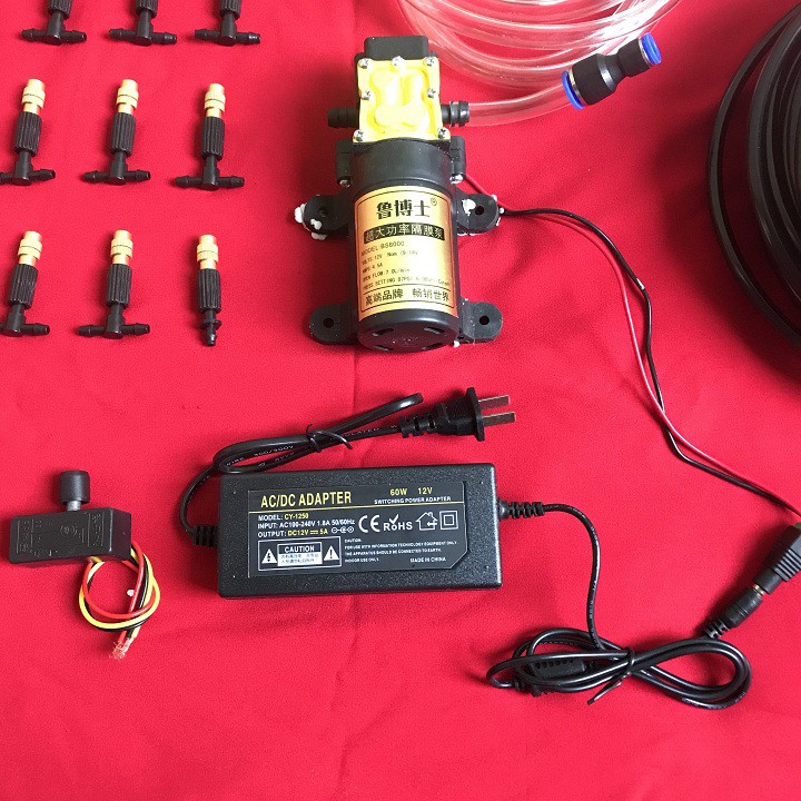 Bộ máy bơm phun sương làm mát,tưới lan 15 béc phun sương - kèm nguồn 12v5a - điều tốc máy bơm