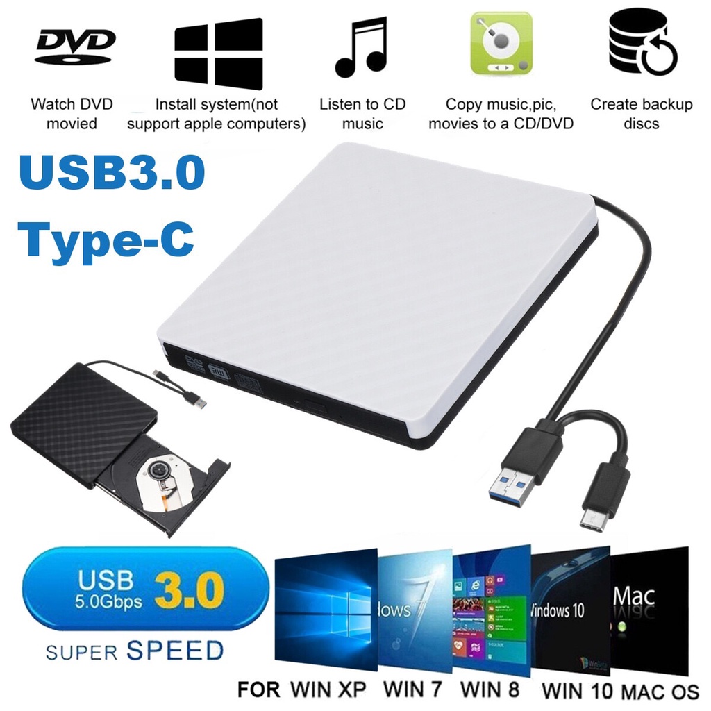 Ổ đĩa quang CD/DVD-RW cắm ngoài USB 3.0, Type-C cho Macbook, Laptop,Máy tính cây để bàn