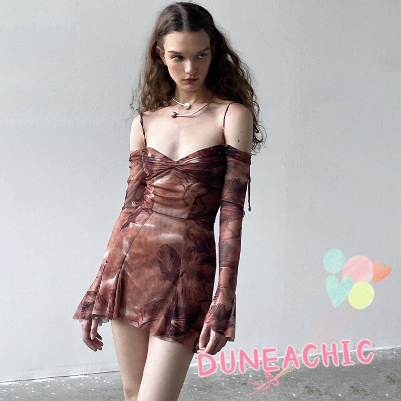 DUNEA Đầm dự tiệc tay dài trễ vai in họa tiết quyến rũ cho nữ