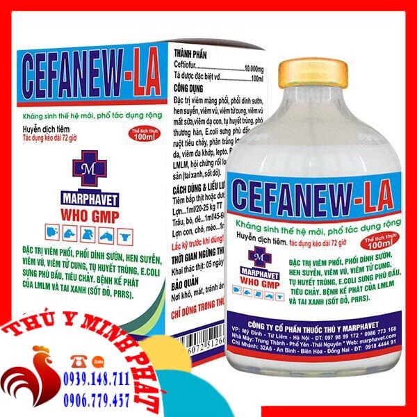 Cefanew LA (chai 100ml) xử lý viêm phổi, hen suyễn, viêm tử cung, tụ huyết trùng, kế phát tai xanh ở vật nuôi