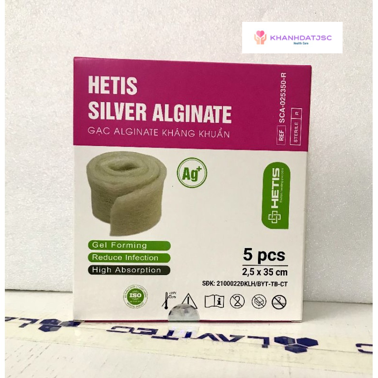 Gạc HETIS Silver Alginate vô trùng kháng khuẩn chiết xuất rong biển tẩm bạc cầm máu thấm hút dịch liền vết thương