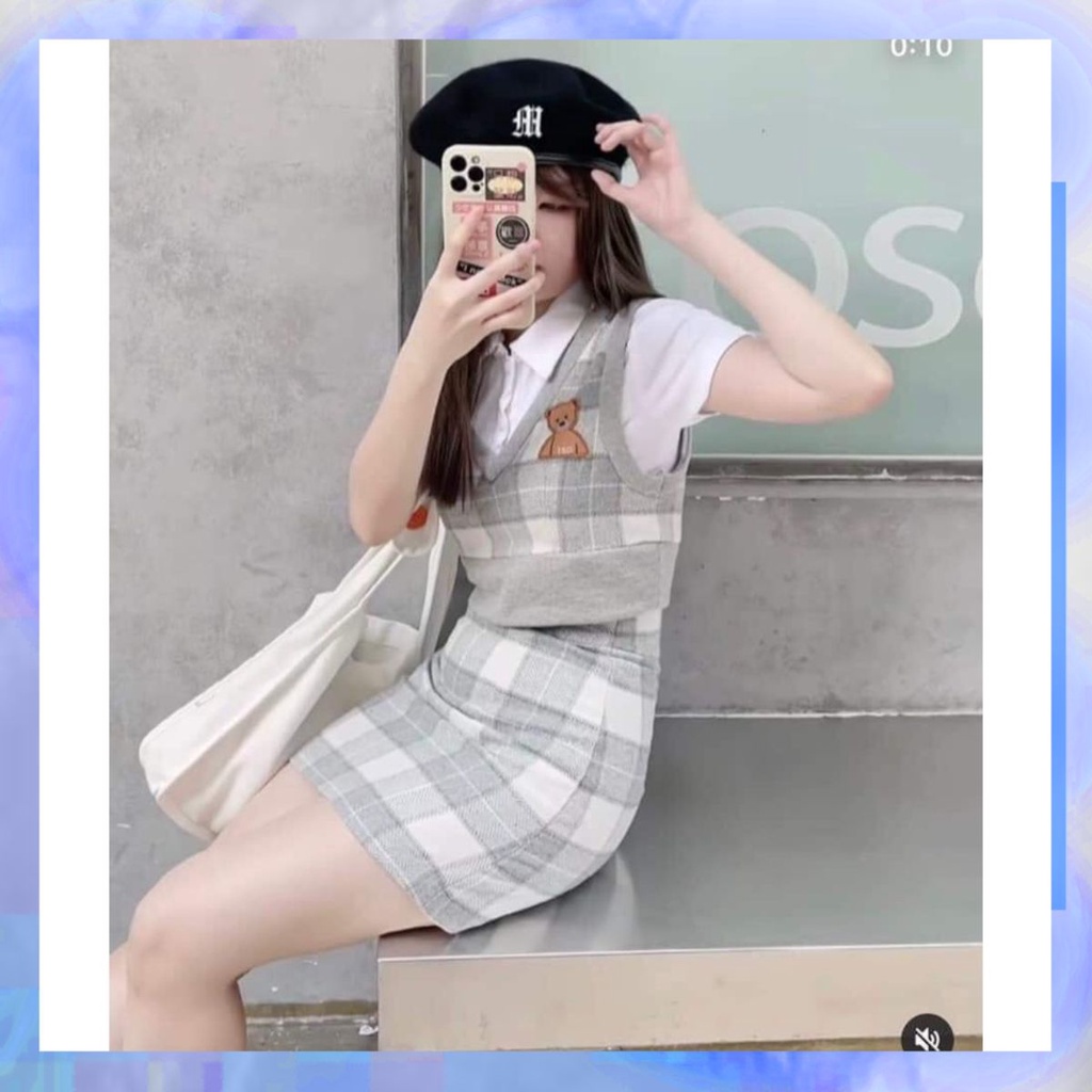set 3 món Gile thêu gấu- váy - áo polo
