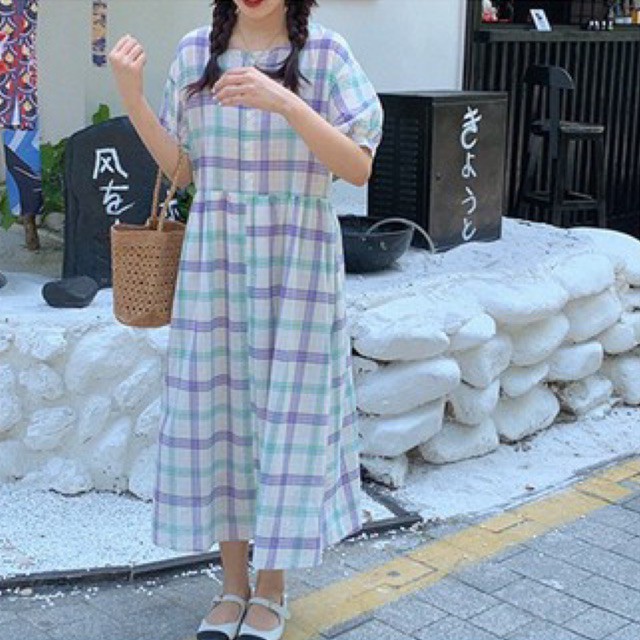 Váy maxi babydoll kẻ caro dáng dài pastel ulzzang Hàn Quốc [Yannie]