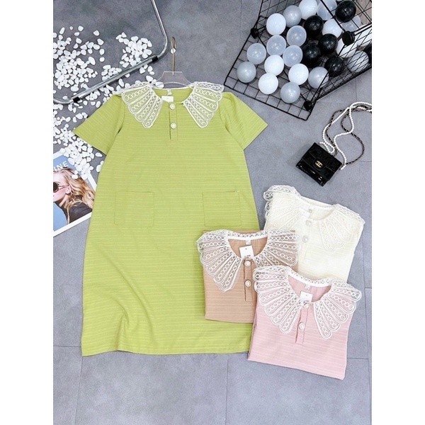 Váy Bầu cổ ren dáng xuông ,Chất Xốp kẻ ,đính khuy ngọc siêu xinh,phù hợp đi làm đi chơi freesize 43-68kg