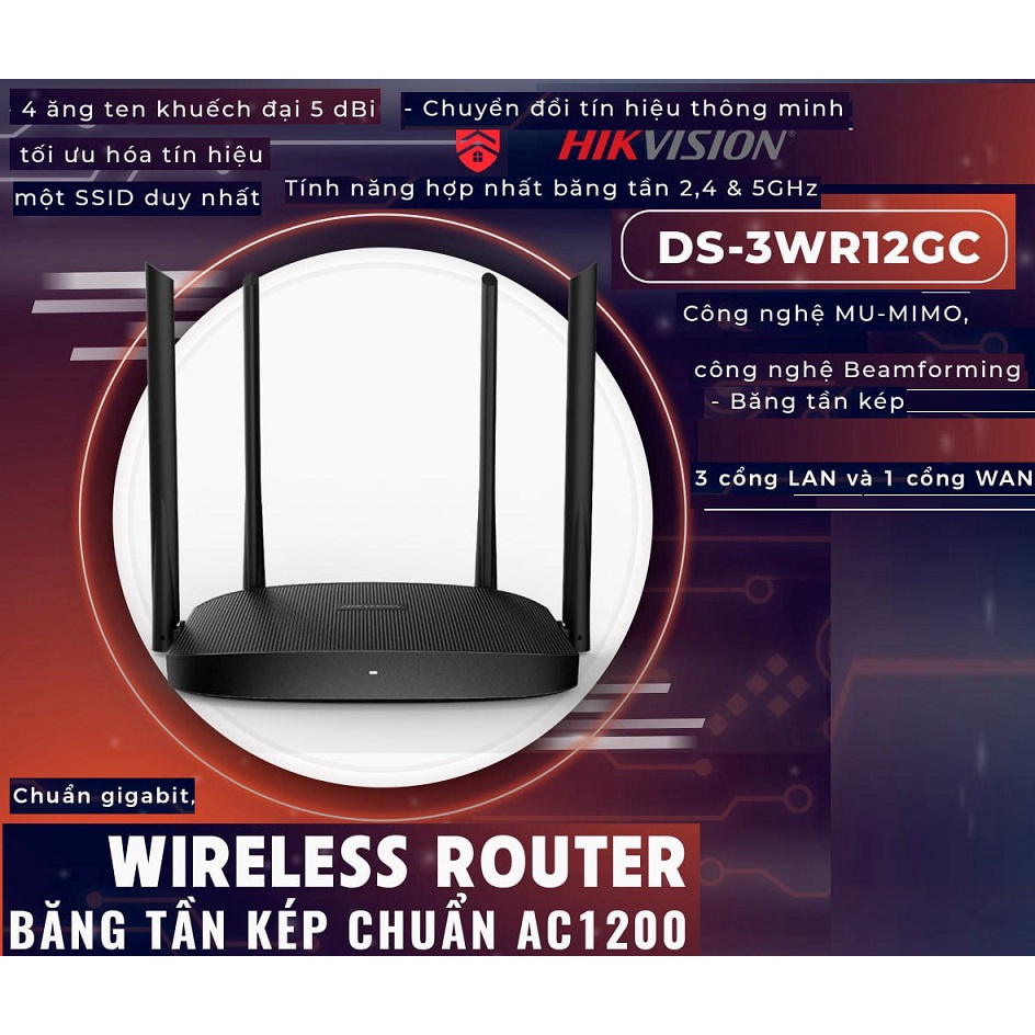 Bộ phát Wifi Tốc Độ Cao 4 râu Chuẩn AC1200Mbps Lan Gigabit DS- 3WR12GC Hikvision