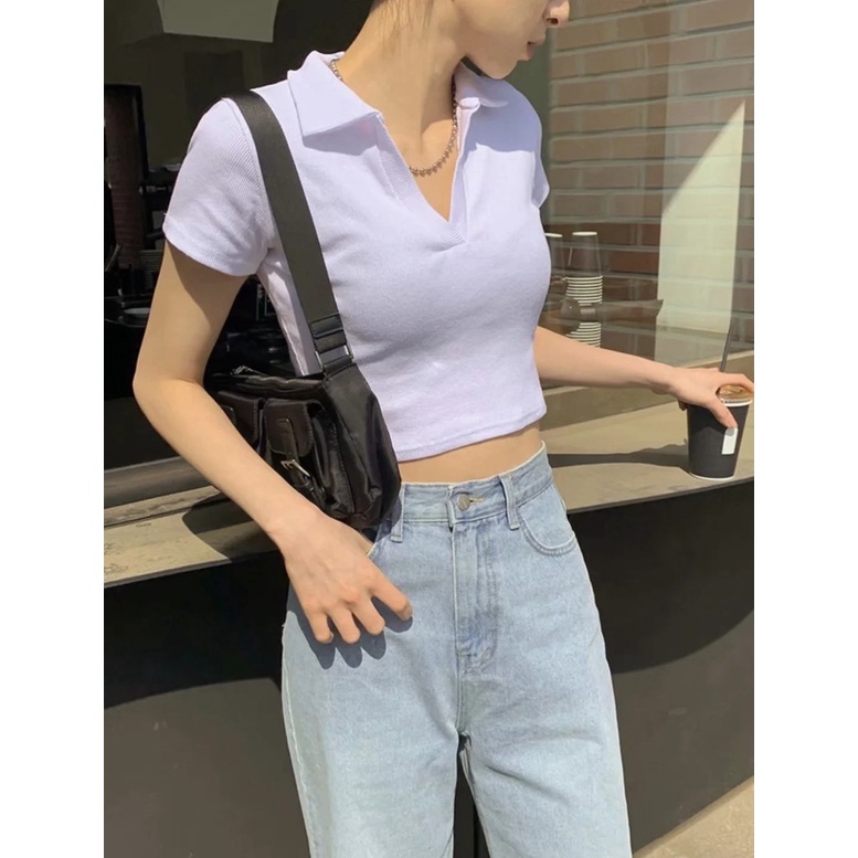 Áo croptop nữ kiểu ôm có cổ tay ngắn, Áo polo nữ croptop crt Ulzzang crop top sơ mi phông thun cổ bẻ sexy cá tính đen | BigBuy360 - bigbuy360.vn