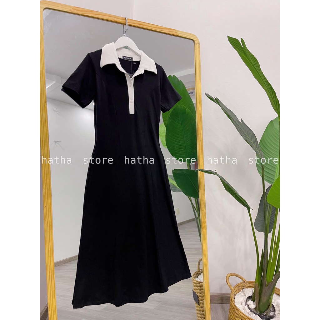 ĐẦM MIDI THUN ĐEN CỔ POLO TRẮNG CÓ BIGSIZE CHE KHUYẾT ĐIỂM KÈM ẢNH THẬT SHOP CHỤP
