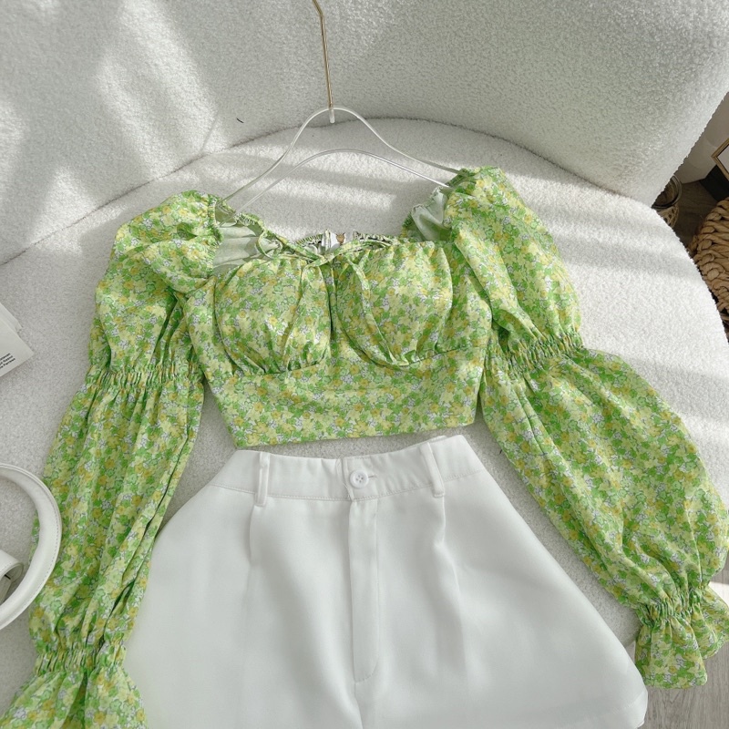 SET ÁO HOA XANH TAY KHÚC + QUẦN SHORT TRẮNG