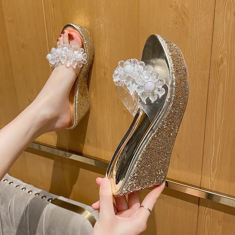 Dép đế xuồng nhũ kim sa quai trong suốt gắn nơ đá sang chảnh 8-12 cm, hàng cao cấp
