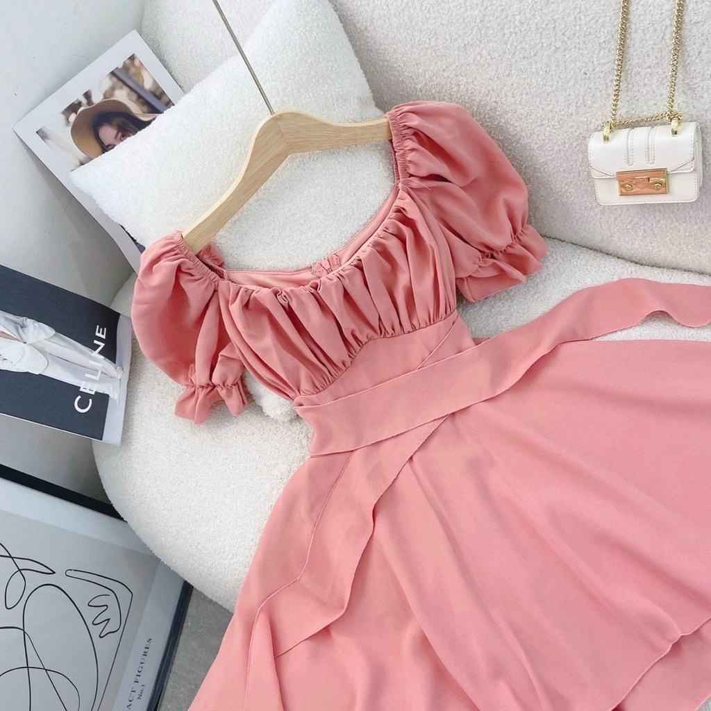 [FREESHIP] Jump ngắn xếp ly ngực cột nơ eo bèo tầng màu đen/hồng NÀNG CLOSET