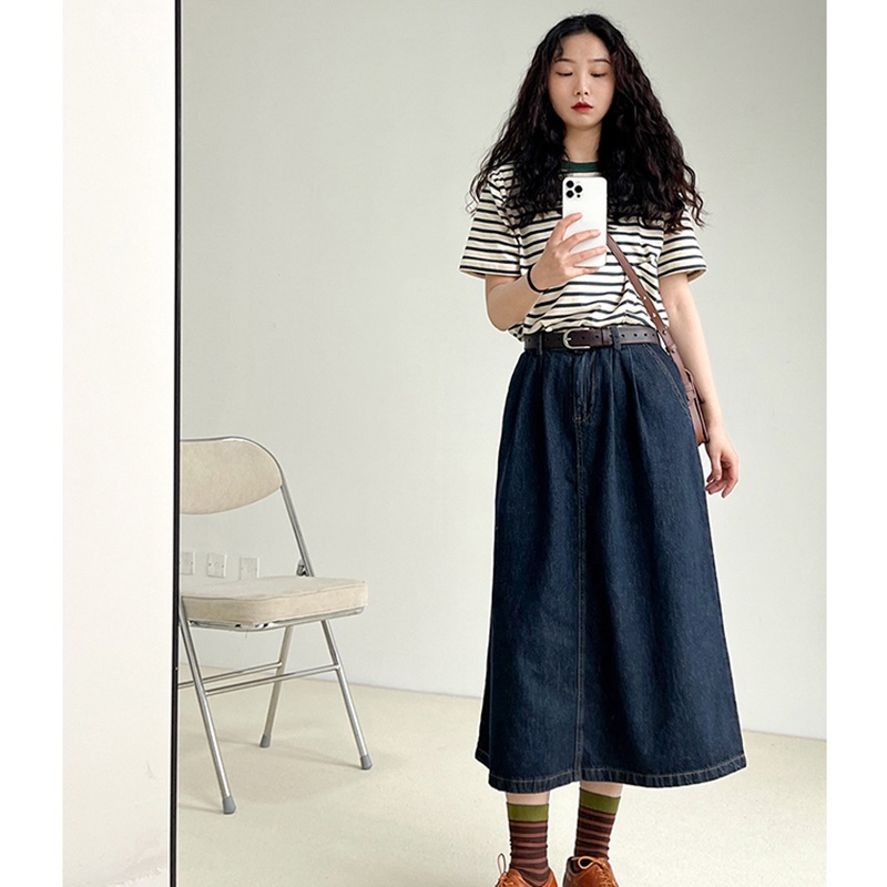 SUXI Áo thun tay ngắn cổ tròn họa tiết kẻ sọc phong cách Hàn Quốc mới thời trang mùa hè dành cho nữ