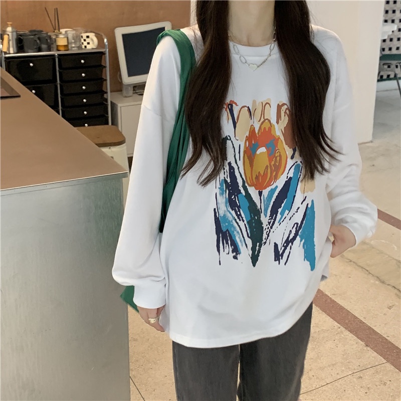 Áo sweater tay dài dáng rộng in họa tiết cá tính phong cách Hàn Quốc thời trang dành cho nữ