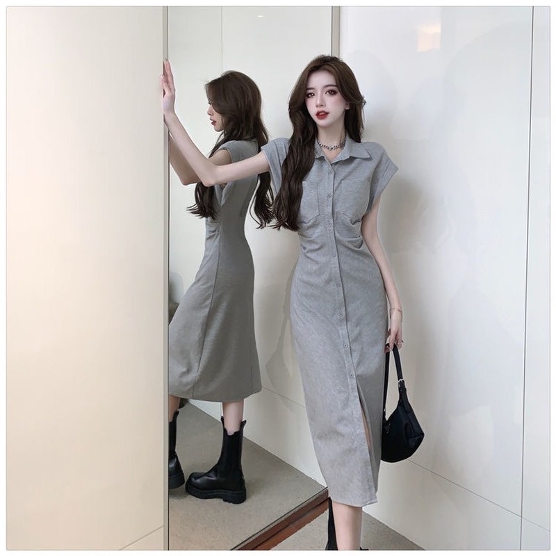 Đầm Không Tay Cổ Bẻ Xếp Ly Cài Hai Hàng Nút Thời Trang Mùa Hè Hàng Mới 2022