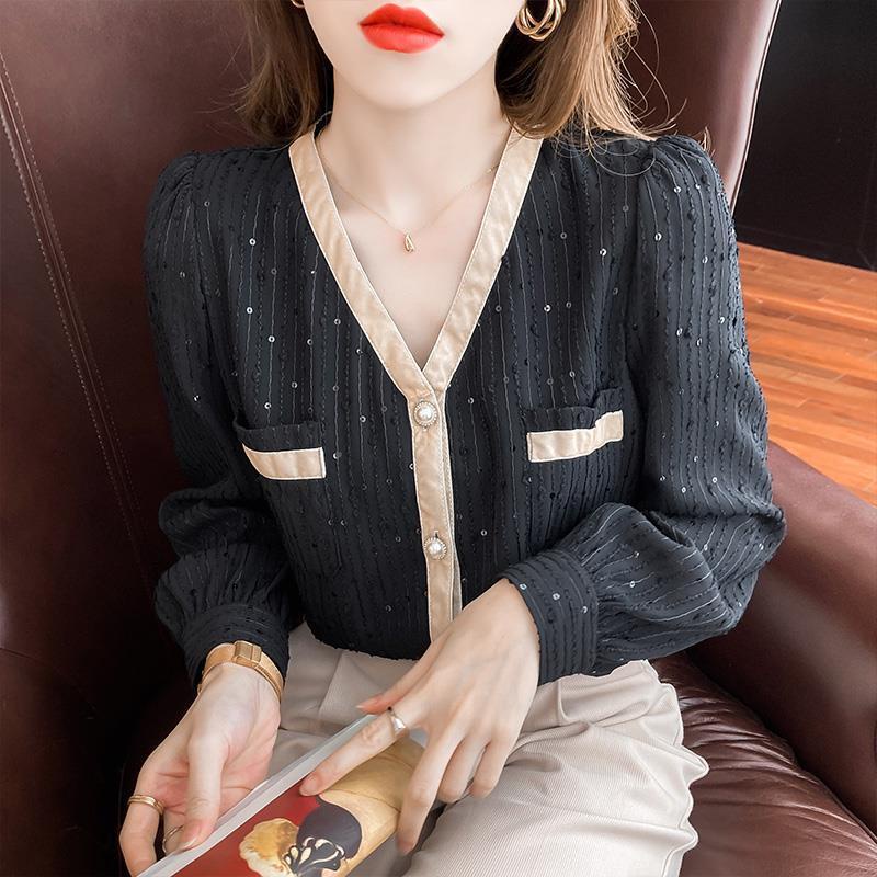 Áo sơ mi cổ chữ V phối ren thời trang thu đông hàng mới 2021