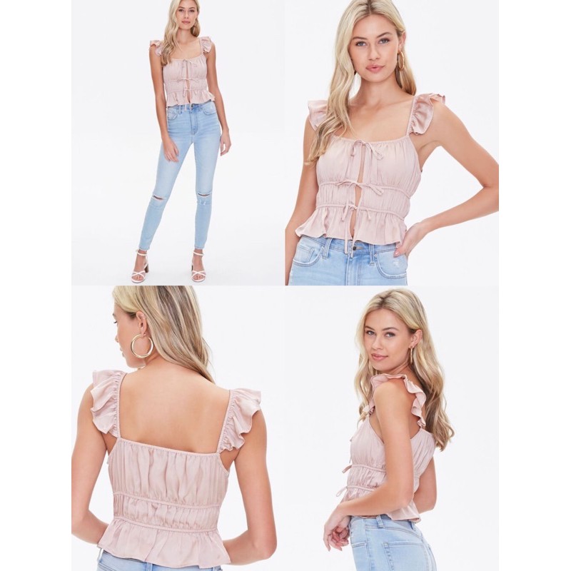 ÁO CROPTOP SATIN CỘT NƠ TAY CÁNH TIÊN F21 (CÓ BIG SIZE)