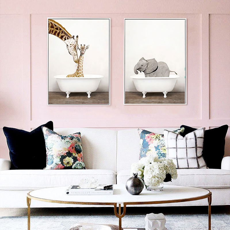 Bé Động Vật Tranh Voi Sư Tử Ngựa Vằn Bồn Tắm Mầm Non Treo Tường Nghệ Thuật Canvas Áp Phích In Hình Ảnh Phòng Tắm Vệ Sinh Trẻ Em Trang Trí Phòng