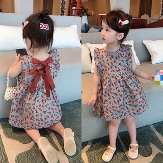 Bg403 - váy hoa viền bèo buộc nơ lưng bé gái