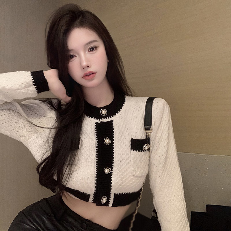 Áo Cardigan Dệt Kim Cổ Tròn Phối Màu Tương Phản Thời Trang Hàn Quốc Cho Nữ