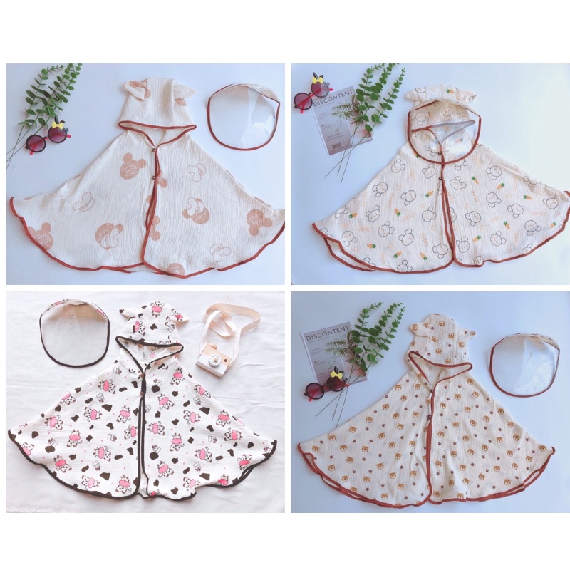Áo choàng Xô Muslin Hàn kèm kính chống giọt bắn, khẩu trang cho bé từ sơ sinh