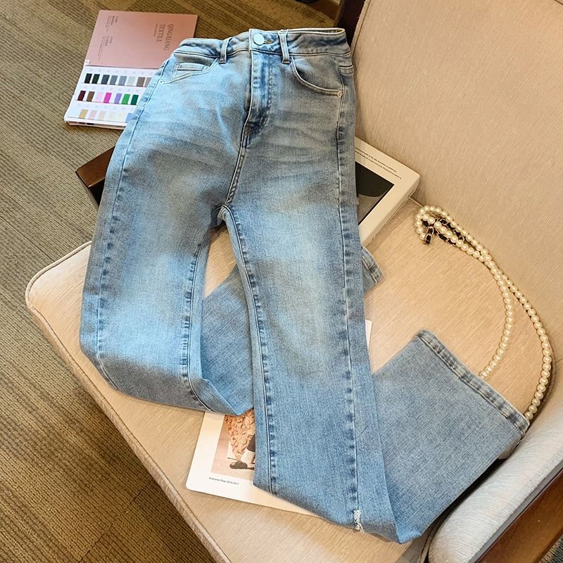 Quần Jean Nữ Lưng Cao Ống Loe Xẻ Tà Đính Hạt Thời Trang Mùa Hè Kiểu Mới