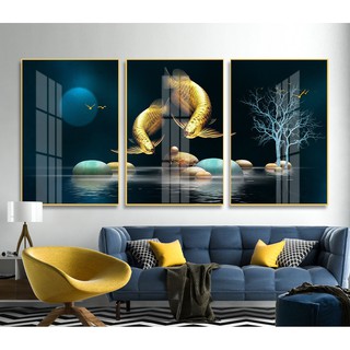 Bộ 3 tranh treo tường VTC Phong thủy đôi cá rồng vàng bóng kính hoặc vải canvas ooopic_23424330 TG - a