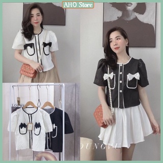 Áo Sơ Mi Nữ Gấm Hoa Tay Phồng Nơ Túi Ngực Áo Sơ Mi Cộc Tay Cổ Tròn Phối Viền 2 Màu Đen Trắng
