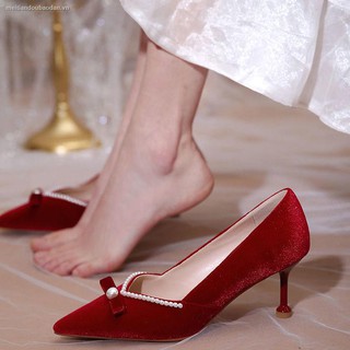 Giày Cao Gót Cô Dâu Màu Đỏ Rượu Vang Thời Trang Mùa Đông 2020
