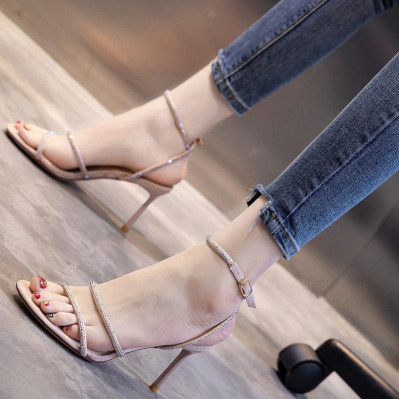 Giày Sandal Cao Gót Nữ Hở Ngón Đính Đá Thời Trang