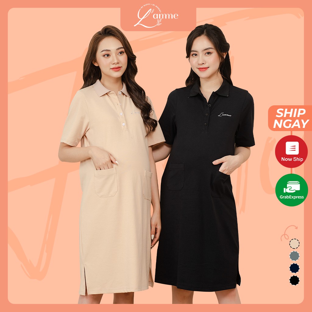 Váy bầu đẹp Polo Dress dáng suông thể thao có nút tháo rời tiện lợi cho bé tuti thiết kế bởi LAMME