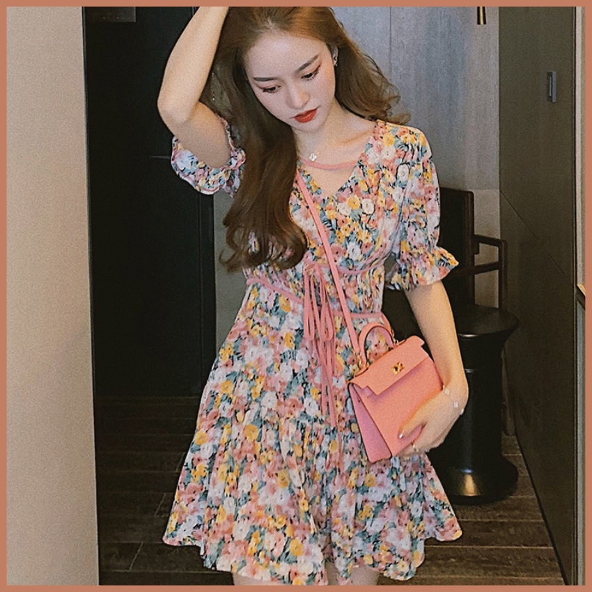 Đầm hoa nhí đi biển MAISTYLE váy voan tiểu thư xinh đi chơi tay phồng ngắn ulzzang bánh bèo cổ V MY1036