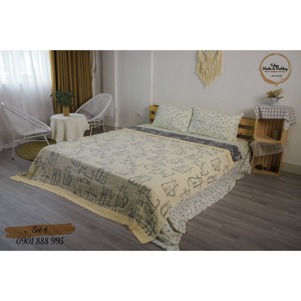 Set 04_Chăn Xô Cotton Organic dòng basic &amp; Ga gối cottton nguyên chất 100%