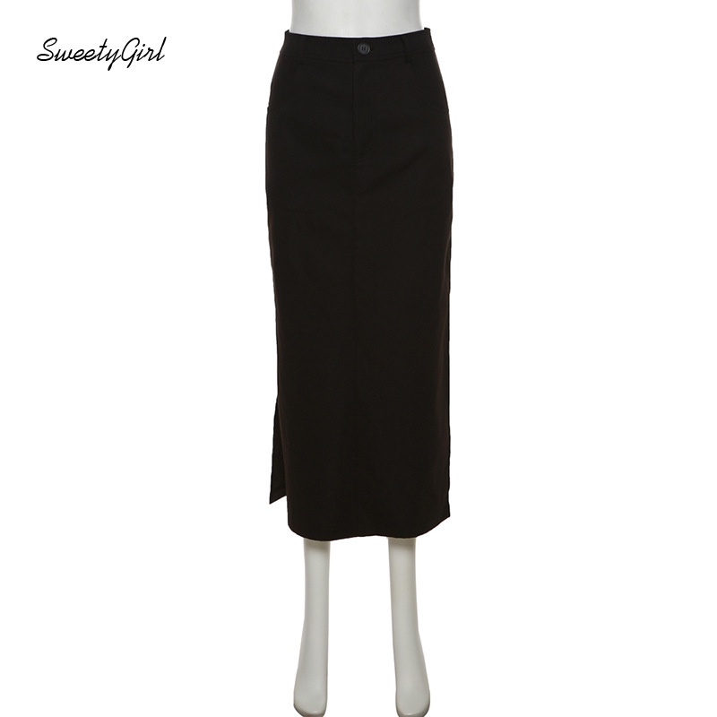 Chân Váy Maxi Lưng Cao Màu Đen Trơn Cài Nút Thời Trang 2022 Quyến Rũ Cho Nữ