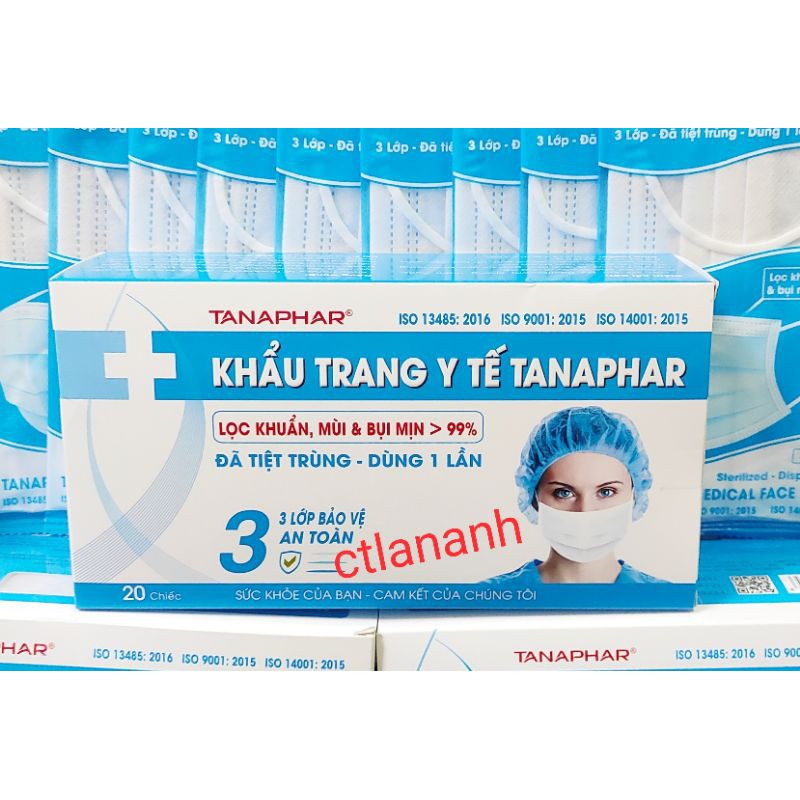 Khẩu trang y tế TANAPHAR 3 lớp hộp 20 chiếc màu trắng ( đã tiệt trùng, có túi đựng riêng)