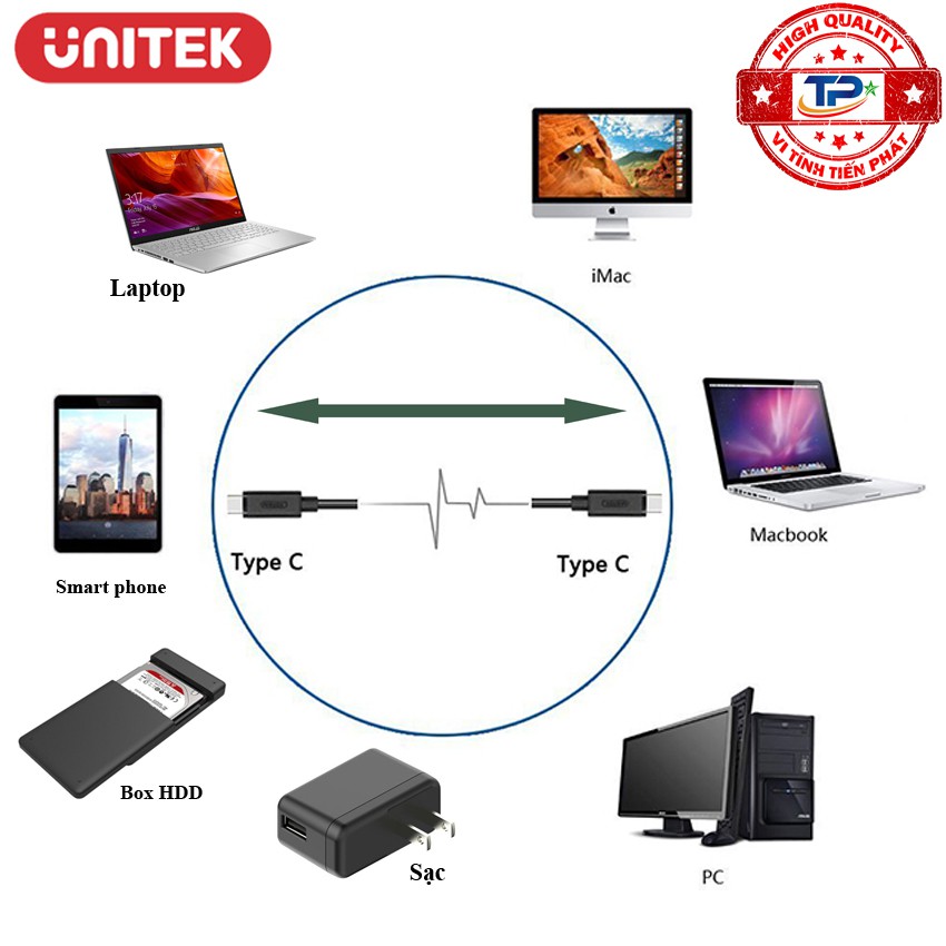 Cáp USB 3.1 USB Type-C 2 đầu đực Unitek Y-C477BK male to male