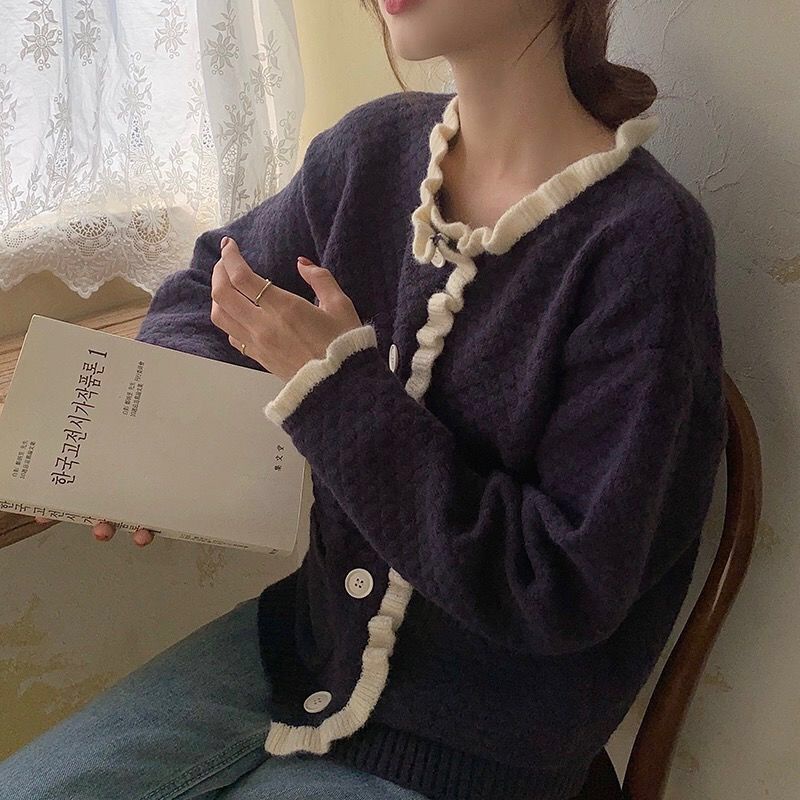 Áo khoác Cardigan dệt kim cổ tròn tay dài dáng rộng phong cách Hàn Quốc mới