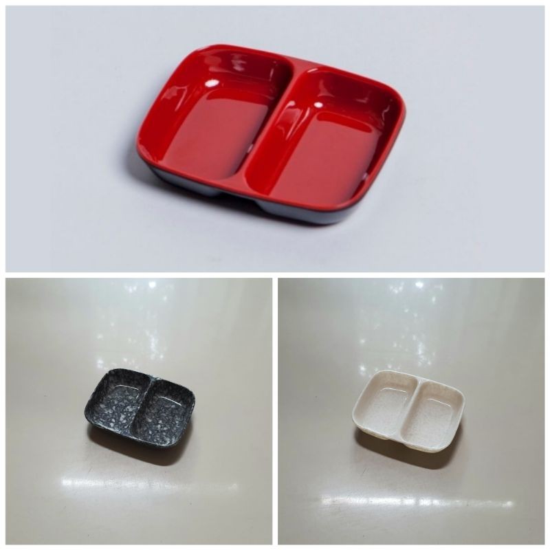 Chén chấm/Dĩa tiêu 2 ngăn (C101) nhựa Melamine Đỏ Đen/Vân Đá