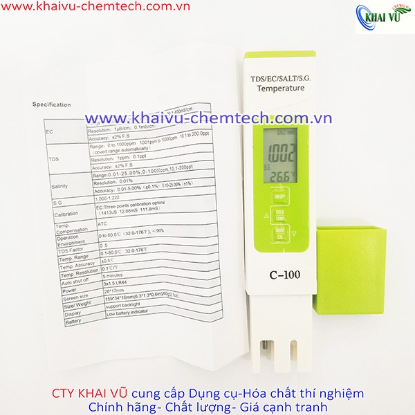 Máy đo ĐỘ MẶN, TDS, EC, TỶ TRỌNG, NHIỆT ĐỘ kiểm tra chất lượng nước 5 trong 1 (C100)