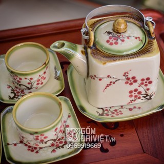 Bộ ấm chén Bát Tràng dáng vuông vẽ tay hoa đào