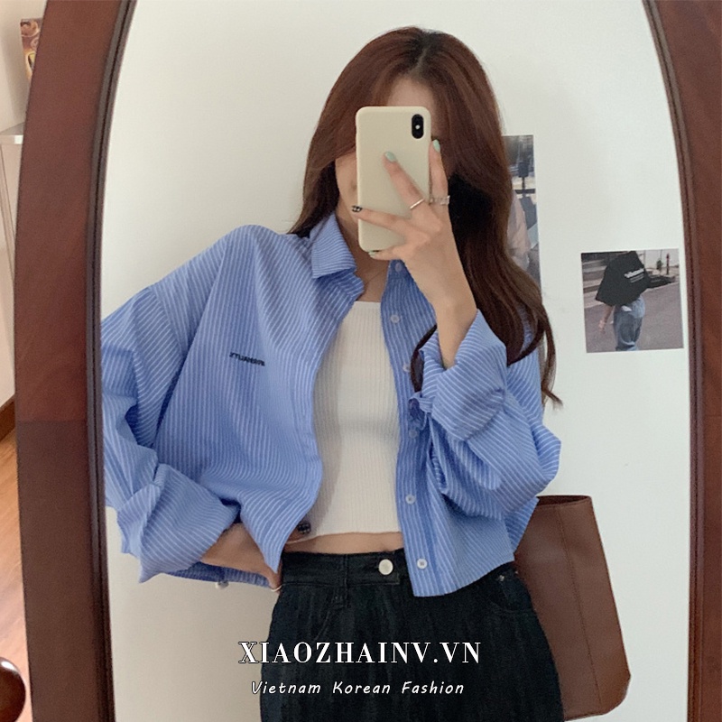 Áo sơ mi croptop XIAOZHAINV tay dài họa tiết kẻ sọc đơn giản thời trang dành cho nữ