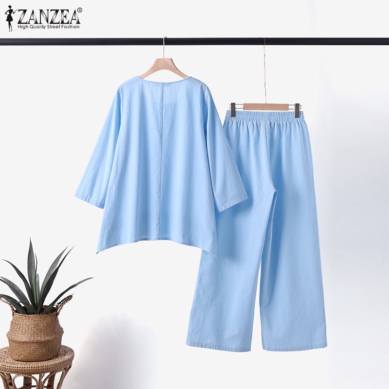 Bộ trang phục ZANZEA gồm áo tay ba phần tư cổ tròn và quần dài ống rộng thời trang cho nữ