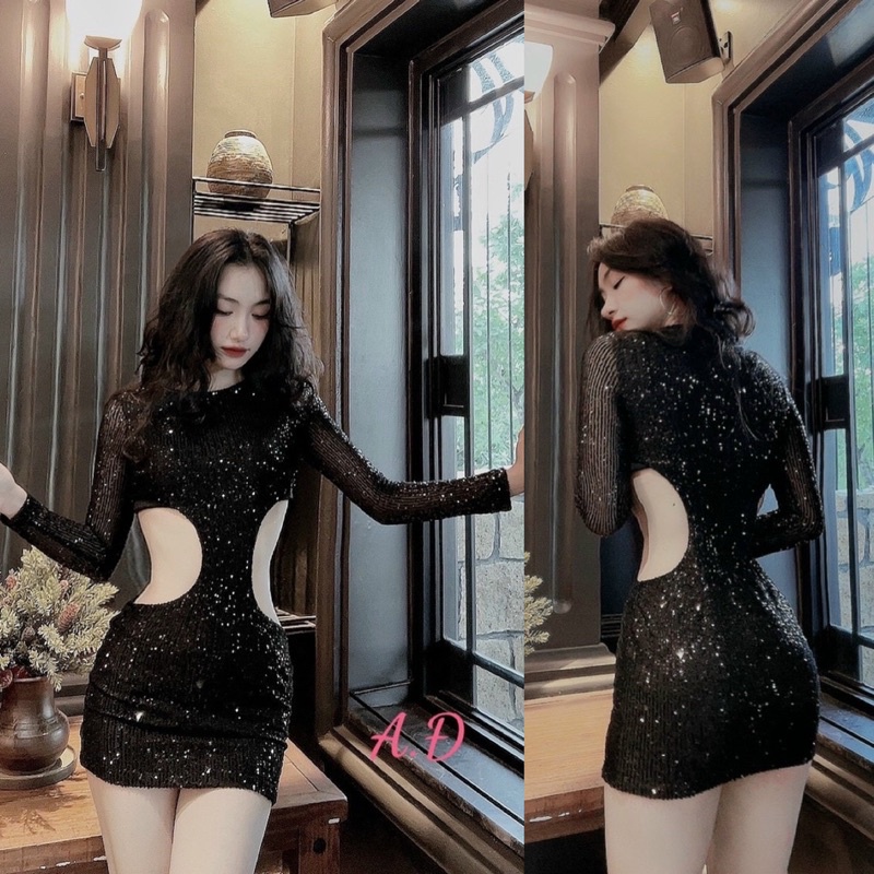 Đầm ôm body đen kim sa tay dài khoét cut hở eo, váy ngắn hotgirl thiết kế sexy quyến rũ gợi cảm dự tiệc đi bar sinh nhật