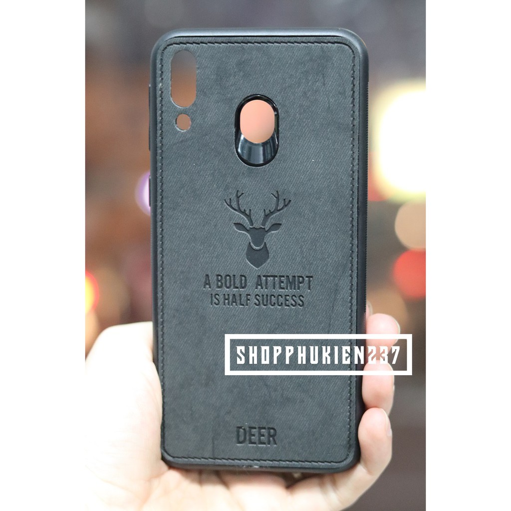 [Freeship toàn quốc từ 50k] Ốp Lưng Vải Jean Khắc Hình Nai Dành Cho Samsung Galaxy M20 Ốp Viền Dẻo Đen
