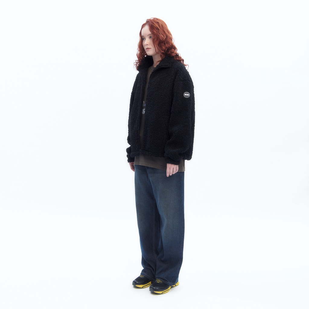 Áo khoác giả lông cừu Ross Studio loại dày kéo khoá màu đen có Logo - Zip Logo Jacket - ROSS STUDIO